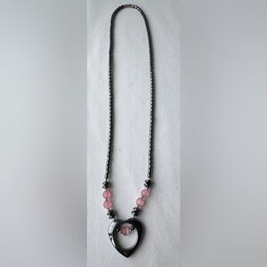 Vintage Black Hematite & Pink Rose Quartz Heart Pendant Necklace 22”